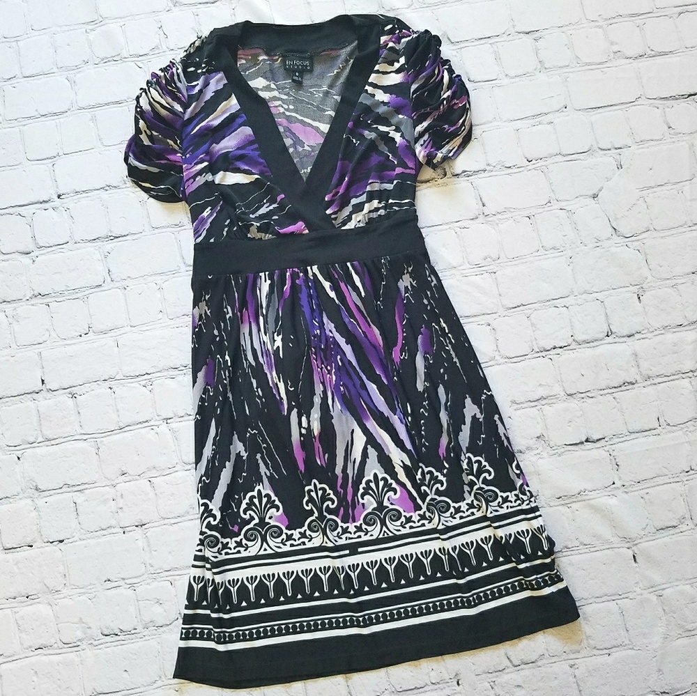 EnFocus Studio Purple Black Belted Dress Sz 8